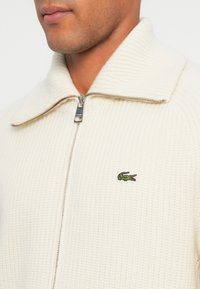 Homem a usar um suéter tricotado creme com fecho e colarinho alto e um pequeno logótipo de crocodilo verde no peito.