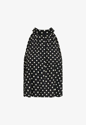 Jupe midi noire à pois blancs avec une ceinture froncée, fabriquée dans un tissu léger légèrement froissé.