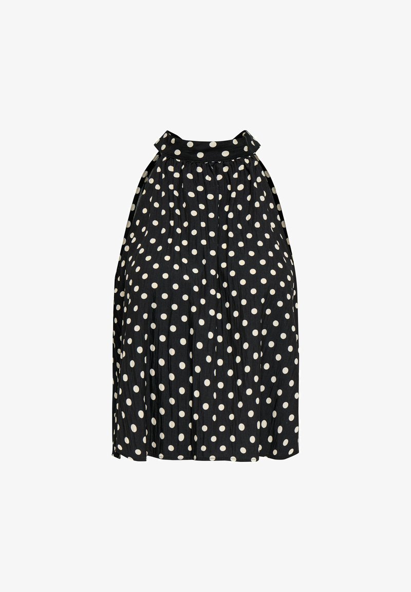 Jupe midi noire à pois blancs avec une ceinture froncée, fabriquée dans un tissu léger légèrement froissé.