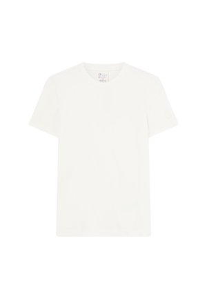 Weißes Baumwoll-T-Shirt mit rundem Halsausschnitt und kurzen Ärmeln. Hat ein kleines Logo auf dem linken Ärmel. Einfaches, einfarbiges Design.
