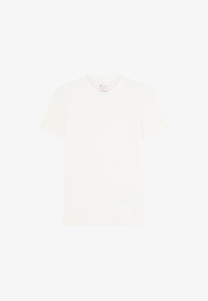 T-shirt en coton blanc avec un col rond et des manches courtes. Présente un petit logo sur la manche gauche. Design simple et de couleur unie.