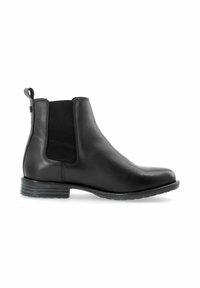 Černá kožená kotníková bota s elastickými bočními panely, kulatou špicí a nízkým zúženým podpatkem. Má poutko na zadní straně pro snadné obouvání.