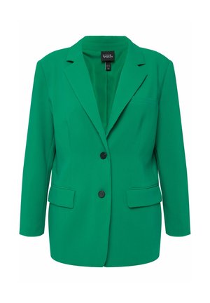 Blazer vert en tissu lisse avec une conception structurée, doté d'un revers en pointe, de boutons noirs, de deux poches avant et d'une poches poitrine unique.