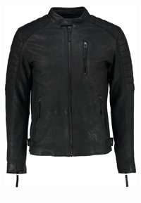 Giacca in pelle nera con colletto alto, chiusura con zip, spalle trapuntate e diverse tasche con zip. Texture liscia.