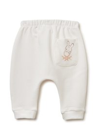 Joggers de algodón blanco con una textura suave, cintura elástica, tobillos ajustados y un bolsillo trasero con un gráfico de un conejito marrón claro.