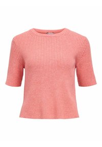 Kortemouw ribgebreide trui in lichtroze met een ronde hals en een ontspannen pasvorm. Heeft een gestructureerde stof en subtiele naaddetails.