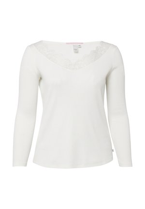 Biała, długorękawowa koszulka z dekoltem w serek i koronkową lamówką przy dekolcie, przedstawiona na jednolitym białym tle.