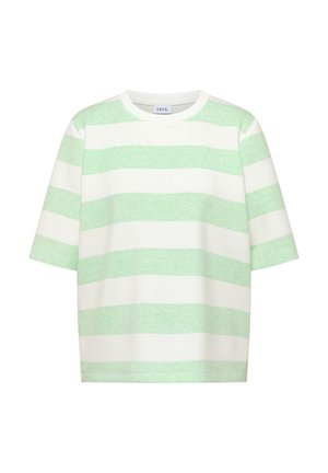 T-shirt à manches courtes et col rond avec larges rayures horizontales blanches et vert clair, ourlet droit, coupe décontractée.