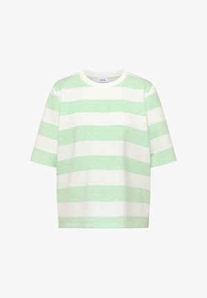 T-shirt à manches courtes et col rond avec larges rayures horizontales blanches et vert clair, ourlet droit, coupe décontractée.