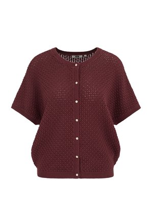 Cardigan bordeaux à manches courtes avec un motif texturé, un col rond et une fermeture à boutons à l'avant. Tissu tricoté avec bordures côtelées.