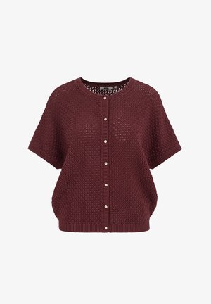 Bordó rövid ujjú kardigán texturált mintával, kerek nyakkivágással és gombos elülső záródással. Kötött anyag bordázott szegéllyel.