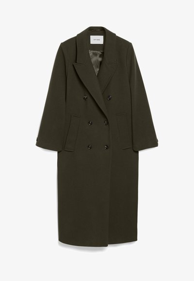 Dark olive green double-breasted coat with long sleeves, notched collar, two side pockets, and black buttons; smooth fabric texture.
