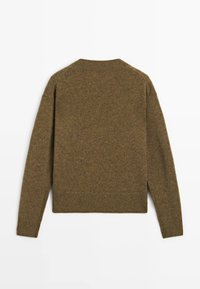 Maglione lungo a maniche lunghe di colore marrone a maglia con polsini, orlo e scollatura a girocollo a costine, mostrato da dietro su uno sfondo bianco.