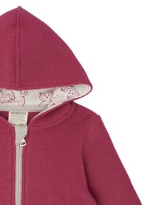 Hoodie mit Reißverschluss in Beerenpink aus einer Wollmischung, mit einem weichen, gemusterten Baumwollfutter mit Eulenmotiven. Klassische Form und Reißverschluss-Detail auf der Vorderseite.