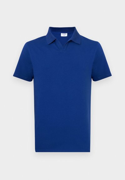 Sötétkék pólóing puha pamutból, klasszikus gallérral, V-nyakú dizájnnal és rövid ujjakkal.