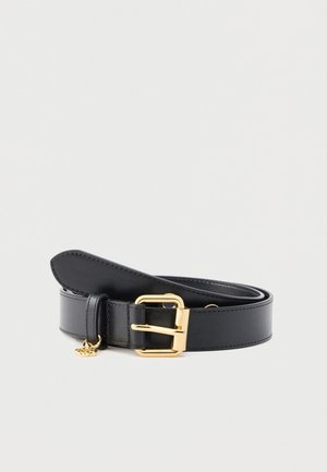 Black leather belt with a gold buckle, featuring a smooth texture and a dangling charm. Classic design with clean lines and subtle accents.
