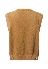 Mouwloos bruin vest van zacht, textuurstof, met een licht afgeronde halslijn en twee ronde hardware accenten aan de onderkant.