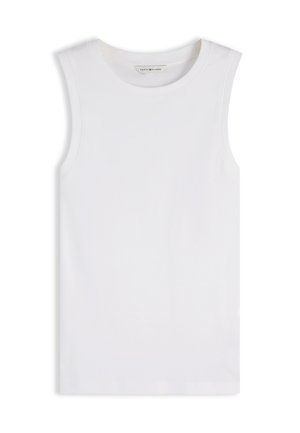 Άσπρο αμάνικο τοπ με στρογγυλή λαιμόκοψη, απλό σχέδιο και ετικέτα Tommy Hilfiger στο εσωτερικό του γιακα.