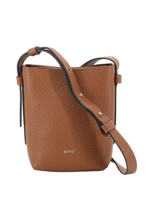 Braune, strukturierte Leder-Schultertasche mit verstellbarem Riemen und kleinem goldfarbenem "abro"-Logo auf der Vorderseite.
