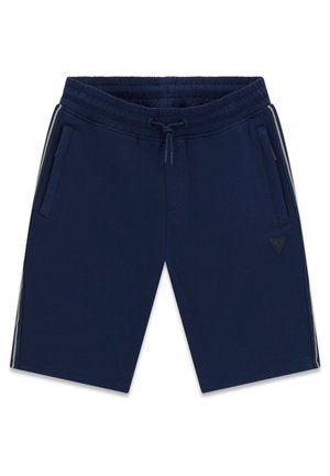 Marineblaue Shorts mit elastischem Bund, Kordelzug, Seitentaschen und hellgrauen Streifen entlang der Außennähte.
