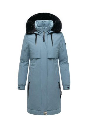 Hellblauer Parka mit abnehmbarem schwarzen Kunstfellkapuze, zwei vorderen Reißverschlusstaschen und einem Design bis zur Mitte des Oberschenkels. Verfügt über Kordeln am Hals.