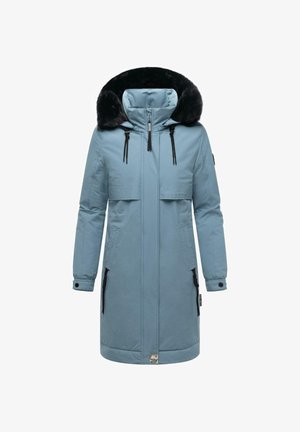 Lyseblå parka med avtagbar svart fuskepelshette, to frontlommer med glidelås og design som når midt på låret. Har snor ved halsen.