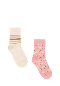 Due calze singole: una crema con strisce gialle, rosa e marroni; una rosa con un motivo floreale. Entrambe mostrate distese su uno sfondo bianco.