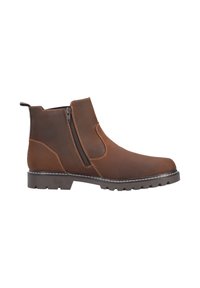 Braune Leder-Stiefelette mit seitlichem Reißverschluss, strukturiertem Finish, kontrastierenden Nähten, robuster Gummisohle und Zugschlaufe an der Ferse.