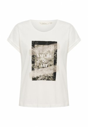 White cotton t-shirt with short sleeves and a round neck, featuring a graphic print of foliage and the text "NATURE IS ART" in black.