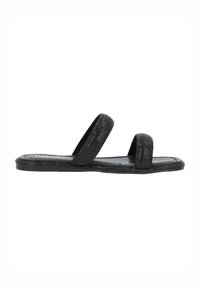 Svarta platta sandaler med två strukturerade remmar, en matt fotbädd och en gummisula. Enkelt och minimalistiskt design för enkel användning.