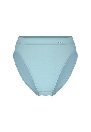 Light blue high-waist seamless brief with a narrow waistband and subtle "mey" logo on the right side.