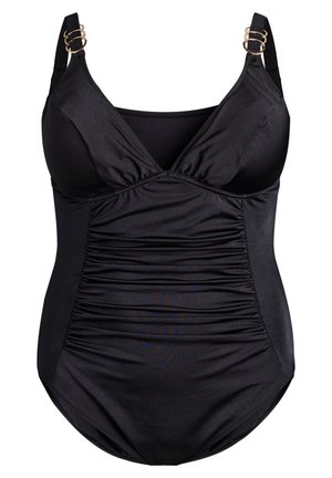 Schwarzer Einteiler mit gerafftem Vorderteil und verstellbaren Schulterriemen mit goldfarbenen Ringdetails.