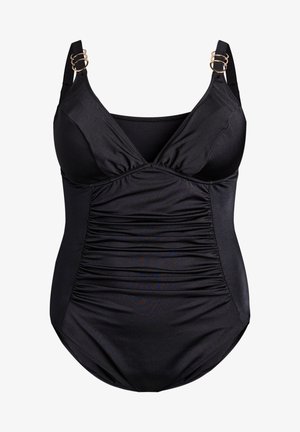 Must ühes tükis ujumistrikoo esiküljel voltidega ja reguleeritavate õlapaeltega, millel on kuldsed rõnga detailid.