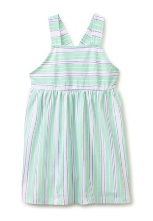 Dziecięca sukienka bez rękawów z miętowozielonymi, białymi i jasnofioletowymi poziomymi i pionowymi paskami, z szerokimi ramiączkami.