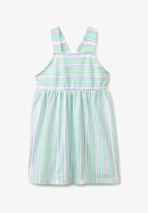Kinderjurk zonder mouwen met horizontale en verticale strepen in muntgroen, wit en lichtpaars, met brede schouderbanden.