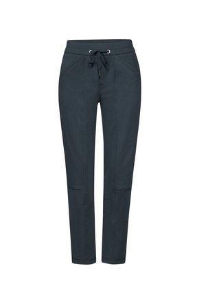 Granatowe dresy z miękkiego materiału, z elastycznym paskiem w talii z troczkiem, kieszeniami bocznymi oraz zwężanymi nogawkami z przeszyciami.