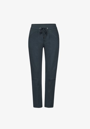 Granatowe dresy z miękkiego materiału, z elastycznym paskiem w talii z troczkiem, kieszeniami bocznymi oraz zwężanymi nogawkami z przeszyciami.