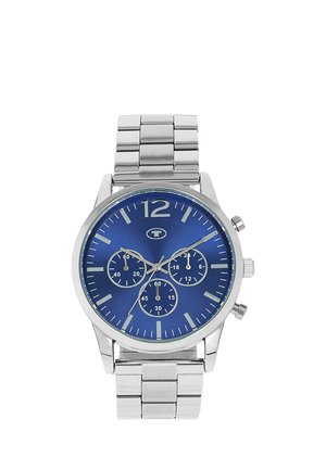 Herren-Silbermetalluhr mit blauem Zifferblatt, drei Unterzifferblättern, silbernen Stundenmarkierungen und einem Gliederarmband.