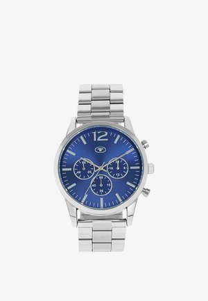 Men's silver metal wristwatch with blue dial, three subdials, silver hour markers, and a link bracelet band.