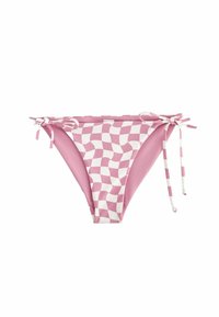 Rosa och vit rutigt bikiniunderdel med sidoknytningar, med en slät yta och kontrasterande enfärgade rosa paneler.