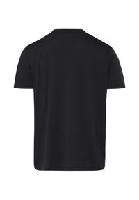 T-shirt noir uni à manches courtes et col rond, vu de dos sur un fond blanc.