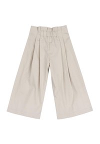 Beige wijde broek met plooien, voorzien van een verzamelde elastische tailleband en een zachte katoenen structuur. Geen zakken of accenten zichtbaar.