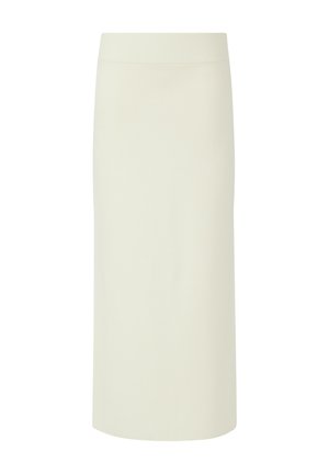Cream-colored knee-length skirt with a straight cut and wide elastic waistband, shown on a white background.