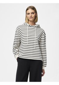 Kapuzensweatshirt mit gestreiftem Muster in Schwarz und Creme, aus weichem Material, mit Kordelzug und lässiger Passform.