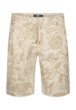 Shorts beige avec un motif détaillé marron clair comprenant des dessins floraux et géométriques. Taille élastique avec cordon de serrage et accents métalliques subtils.