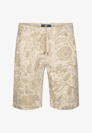 Shorts beige con un motivo marrone dettagliato che presenta disegni floreali e geometrici. Vita elasticizzata con coulisse e sottili accenti in metallo.