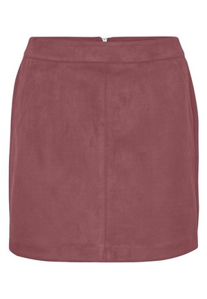 Mini spódnica z zamszu w kolorze malwy, o prostym kroju, z widocznym przednim szwem, zamkiem ukrytym z tyłu oraz bocznymi kieszeniami.