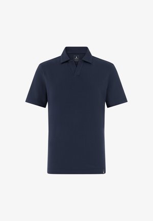 Polo bleu marine à manches courtes avec un col ouvert et une petite étiquette de marque près de l'ourlet.