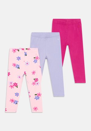 Trois paires de leggings : rose avec un motif floral, violet clair et rose uni. Matière en coton doux avec des ceintures élastiques.