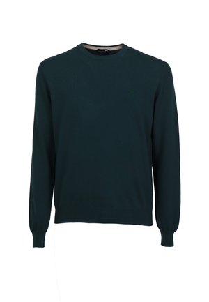 Tmavozelený sveter s dlhým rukávom a okrúhlym výstrihom, so žebrovanými manžetami a lemom, s malým vyšívaným logom na ľavej strane hrude.